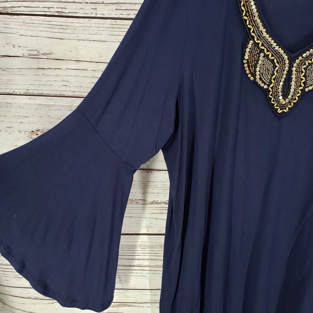ROAMAN'S Women's Navy Blue Beaded Front Bell Sleeve Top Blouse Size 1X - Picture 5 of 12